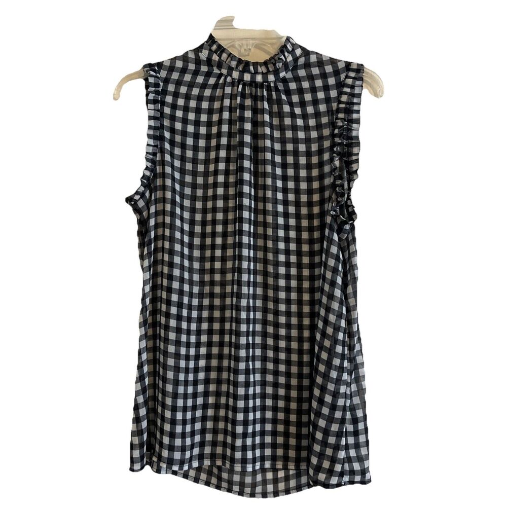 Who What Wear Sleeveless Blouse  Womens M Black White Gingham Mock Neck Sheer
